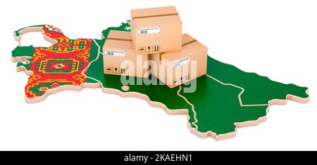 Parzellen auf der turkmenischen Karte. Versand in Turkmenistan, Konzept. 3D Darstellung isoliert auf weißem Hintergrund Stockfoto