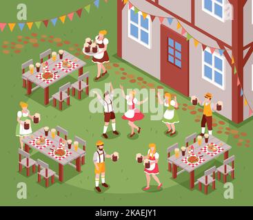 Isometrisches Oktoberfest-Festivalkonzept mit glücklichen Menschen in nationalen deutschen Kostümen Vektor-Illustration Stock Vektor