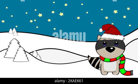 weihnachten Hintergrund chibi stehend Baby Waschbär Cartoon Illustration Postal im Vektor-Format Stock Vektor