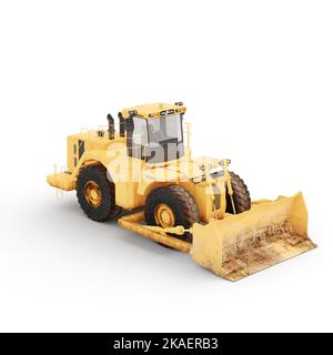 Eine gelbe schmutzige Bulldozer isoliert auf einem vertikalen weißen Hintergrund. Stockfoto