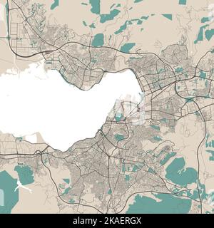 Izmir-Karte. Detaillierte Karte des Verwaltungsgebiets der Stadt Izmir. Stadtbild-Panorama. Lizenzfreie Vektorgrafik. Straßenkarte mit Autobahnen, Flüssen. Stock Vektor