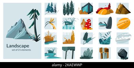 Landschaft Natur flach mit isolierten quadratischen Kompositionen von Doodle Stil Terrain Elemente Pflanzen und Berge Vektor-Illustration gesetzt Stock Vektor
