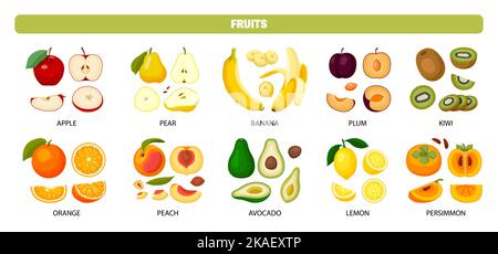 Ganze und in Scheiben geschnittene frische reife Früchte flach mit Textüberschriften isoliert vor weißem Hintergrund Vektor-Illustration Stock Vektor