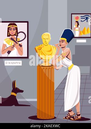 Cleopatra flacher Hintergrund, der das Innere des Museums mit Bildern und Skulptur-Vektor-Illustration darstellt Stock Vektor