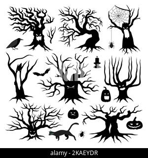 Schwarze Silhouetten von gruseligen halloween toten Bäumen mit Jack o Laternen Kürbisse Kerzen und Tiere flat set isoliert Vektor Illustration Stock Vektor