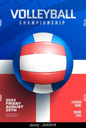 Volleyball-Meisterschaft Spiel Werbung realistische vertikale Poster mit Ball in blau-weißen und roten Farben Vektor-Illustration Stock Vektor