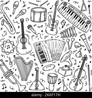 Handgezeichnete Doodle-Musikinstrumente. Vektor Skizze Illustration Set, schwarze Umriss Kunstsammlung für Webdesign, Icon, Druck, Malseite. Stock Vektor