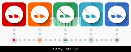 Vektorsymbole für Rasenmäher, Infografik-Vorlage, Satz flacher Designsymbole in 5 Farboptionen Stock Vektor