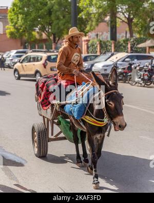 Eine Vertikale eines Mannes, der auf einem Eselskarren in den Straßen von Marrakesch, Marokko, reitet Stockfoto