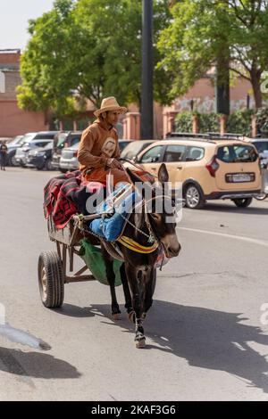 Eine Vertikale eines Mannes, der auf einem Eselskarren in den Straßen von Marrakesch, Marokko, reitet Stockfoto