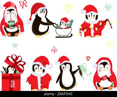 Niedliche Weihnachtspinguine. Set von Tieren. Pinguine als Weihnachtsmann gekleidet, mit einer Tasse Kakao, mit Geschenken und fröhlich Blick aus dem Urlaub bo Stock Vektor