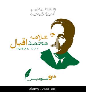 Allama Muhammad Iqbal 9.. November - nationaler Dichter Pakistans - Zitat von iqbal auf englisch. Vektorgrafik Stockfoto