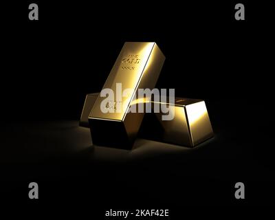 2 Goldbarren auf schwarzem Hintergrund. 3D Rendering-Illustration. Stockfoto