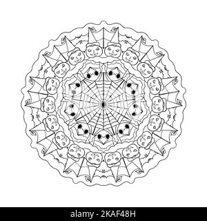 Halloween Mandala auf weißem Hintergrund. Rundes Muster mit Kürbissen und Spinnennetz. Malbuch Seite Stock Vektor