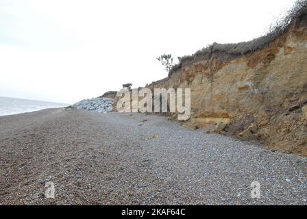 Blick auf Klippen, die Anzeichen von Küstenerosion zeigen, mit Bäumen aus den Gärten darüber und Felsen, die Hochwasser schützen. Thorpeness 22/10/2022 Stockfoto