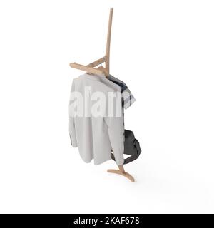 Ein Holzgestell mit Kleidung und einer schwarzen Tasche, die isoliert auf einem weißen Hintergrund hängt Stockfoto