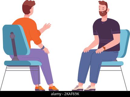 Männer sitzen auf Stühlen und reden. Therapiesymbol. Behandlung der psychischen Gesundheit auf weißem Hintergrund isoliert Stock Vektor