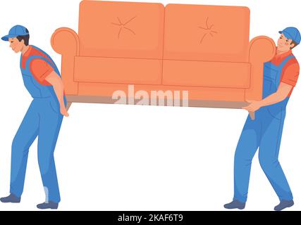 Movers tragen Couch. Umzug von Servicemitarbeitern mit isolierten Möbeln auf weißem Hintergrund Stock Vektor