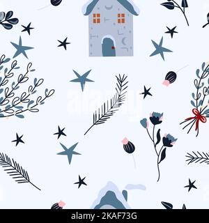 Winter nahtloses Muster mit Weihnachtshaus, Mistel, Kiefernzweig und Sternen um. Helles Wintermuster kann als Textil, Stoff, Tapete, Banner und andere verwendet werden Stock Vektor