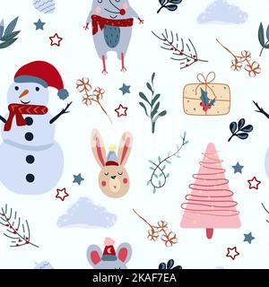 Winter nahtlose Muster mit lustigen Maus in einem Schal, Schneemann, Weihnachtsbaum, Kaninchen und Blätter herum. Helles Wintermuster kann als Textil, Stoff, Tapete, Banner und andere verwendet werden Stock Vektor