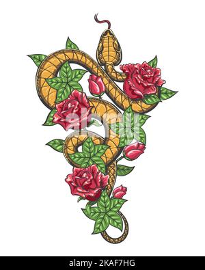 Farbige Tätowierung von Schlange in Rosen Blumen isoliert auf weiß. Vektorgrafik. Stock Vektor