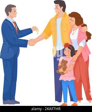 Familie kauft neues Haus. Erfolgreicher Immobilienabschluss isoliert auf weißem Hintergrund Stock Vektor