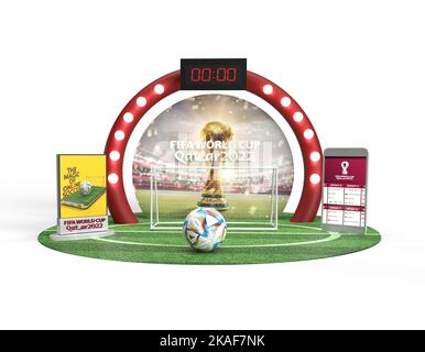 fifa Fußball-Weltmeisterschaft 2022 katar. Mall Activity Football Kiosk 3D Rendering Illustration. Stockfoto
