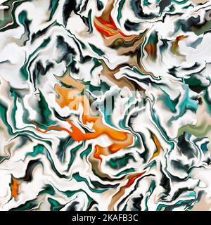 Ein nahtloses Marmormuster, das einem Aquarell ähnelt, eine flüssige Textur, Schattierungen von Blau, Orange und Grün auf weißem Hintergrund Stockfoto