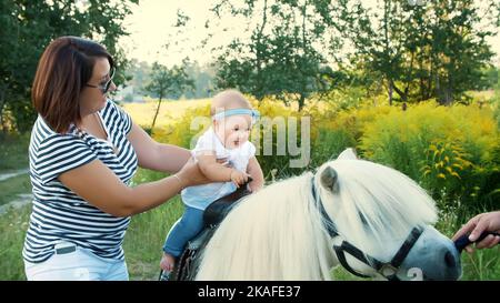 Eine Frau mit einem Baby geht um das Feld, ein Baby sitzt auf einem Pony, Mama hält das Baby. Fröhlicher, glücklicher Familienurlaub. Im Freien, im Sommer, in der Nähe des Waldes. Hochwertige Fotos Stockfoto