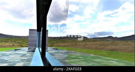 Die verzerrte Umgebung spiegelt sich im Panoramafenster eines modernen Privathauses wider. Langweilige Landschaft und wolkiger Himmel. 3D Rendern. Stockfoto