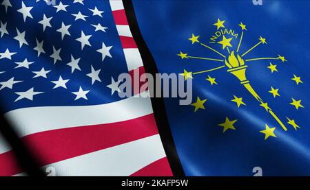 3D Winken Indiana und USA verschmolzen Flagge Nahaufnahme Stockfoto