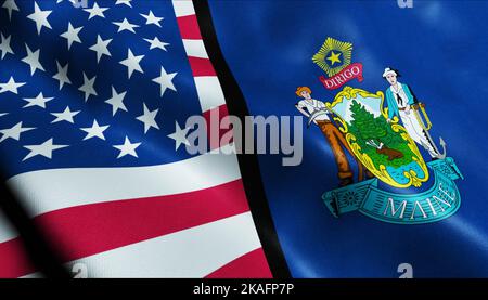 3D Winken Maine und USA verschmolzen Flagge Nahaufnahme Stockfoto