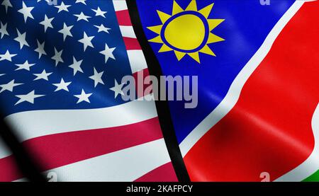 3D Winken Namibia und USA verschmolzen Flagge Nahaufnahme Stockfoto