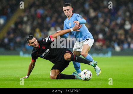 Manchester, Großbritannien. 02.. November 2022. Phil Foden von Manchester City während des UEFA Champions League-Spiels zwischen Manchester City und Sevilla im Etihad Stadium, Manchester, England am 2. November 2022. Foto von Ben Wright. Nur zur redaktionellen Verwendung, Lizenz für kommerzielle Nutzung erforderlich. Keine Verwendung bei Wetten, Spielen oder Veröffentlichungen einzelner Clubs/Vereine/Spieler. Kredit: UK Sports Pics Ltd/Alamy Live Nachrichten Stockfoto