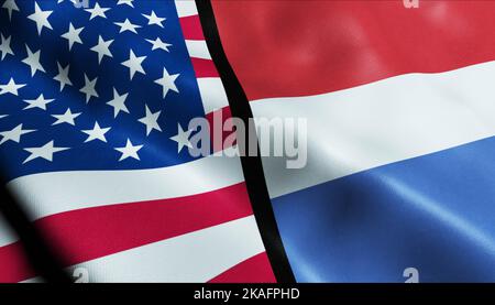 3D Winken Niederlande und USA verschmolzen Flagge Nahaufnahme Stockfoto