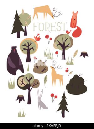 Vektorgruppe von Tieren und Bäumen Stock Vektor
