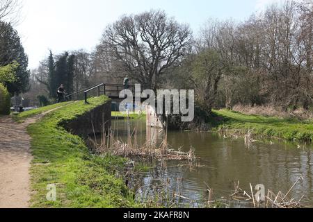 Radfahrer, die über eine Fußgängerbrücke am walsham Lock River fahren, fahren durch surrey england Stockfoto