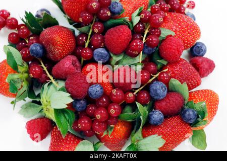 Frische Beeren auf weißem Hintergrund mit Erdbeeren, Himbeere, Heidelbeere und roten Johannisbeeren Stockfoto
