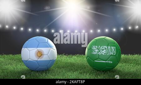 Zwei Fußballbälle in Flaggen-Farben auf Stadion verschwommener Hintergrund. Argentinien vs. Saudi-Arabien. 3D Bild Stockfoto