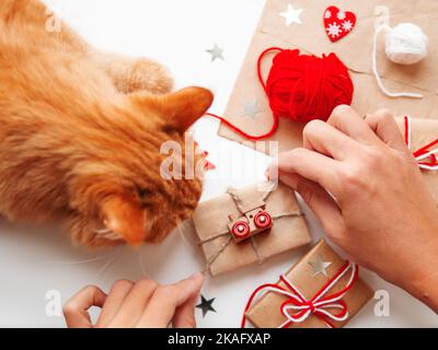 Frau verpackt DIY-Geschenke in Bastelpapier. Geschenke gebunden mit weißen und roten Fäden mit Spielzeugeisenbahn als Dekoration. Niedliche Ingwer-Katze schnüffelt es. Stockfoto