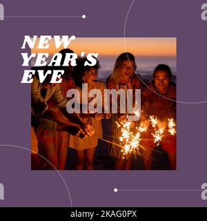Komposition des Silvestertextes über verschiedene Freunde am Strand Stockfoto