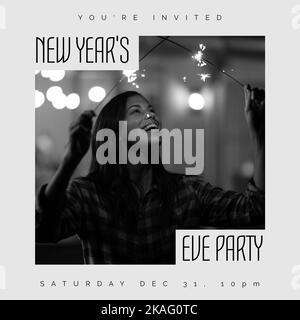 Zur Zusammensetzung einer frohen Silvester-Schrift über die Weiße Frau mit Sparkler Stockfoto