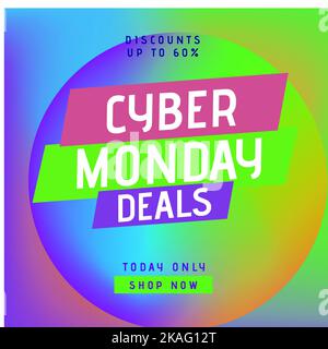 Quadratisches Bild mit Rabatten von bis zu 60 % auf Text am Cyber monday vor farbenfrohem Hintergrund Stockfoto