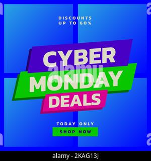 Quadratisches Bild von Cyber monday Rabatten von bis zu 60 Prozent Text auf blauem Hintergrund Stockfoto