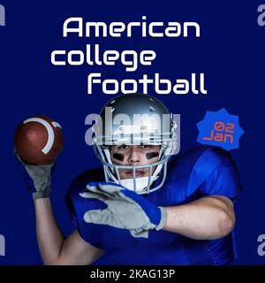 Komposition des amerikanischen College-Football-Textes über einem kaukasischen männlichen american-Football-Spieler Stockfoto