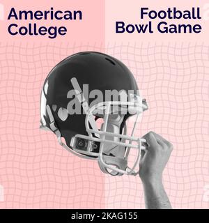 Komposition des american College-Football-Textes über Hand mit Helm Stockfoto