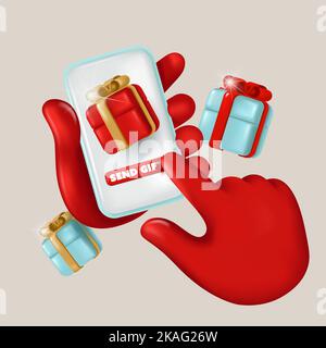 Santa Claus Hände halten ein Handy mit Geschenkbox, und klicken Sie auf die Schaltfläche. Realistische Vektor-Illustration im Cartoon 3D Stil Stock Vektor