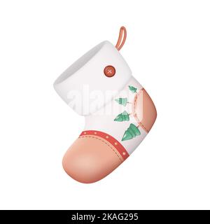 3D Weihnachtsmann Strumpf. Weiße Weihnachten Socke Nahaufnahme isoliert auf weißem Hintergrund. Vektorgrafik Stock Vektor