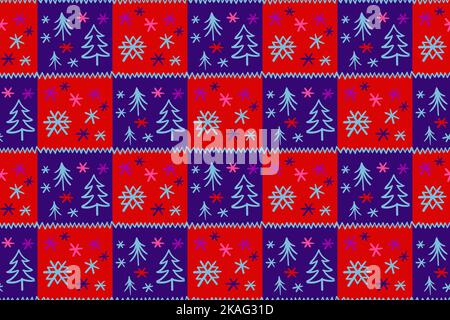 Schneeflocken und Weihnachtsbäume, nahtlose Vektorstruktur - Muster, druckvolle Formen und Farben, die Aufmerksamkeit erfordern, Patchwork-Effekt Stock Vektor