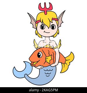 Eine bearbeitbare süße Kritzelei von Poseidon, eine kleine Meerjungfrau mit Dreizack auf dem Kopf, die einen Goldfisch hält Stock Vektor